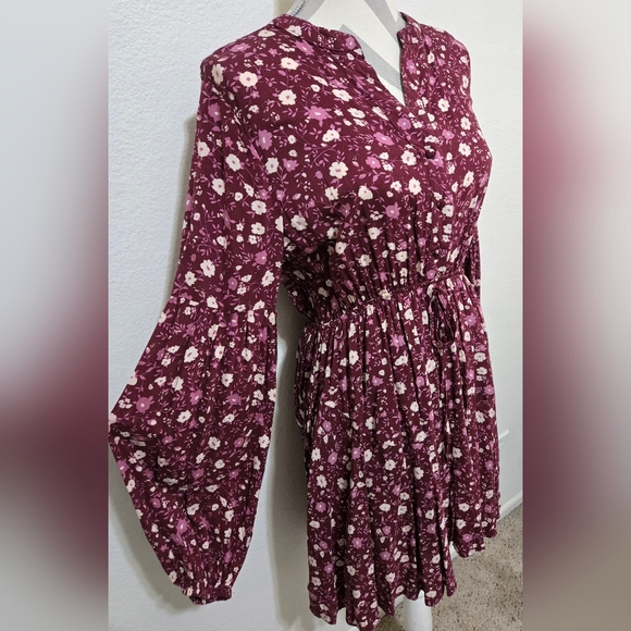 BLU PEPPER Floral Boho Mini Dress Long Balloon Sleeves Plum Purple Size Large - Picture 6 of 16